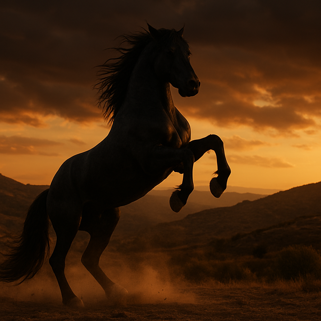 Caballo negro encabritado en paisaje español dramático al atardecer